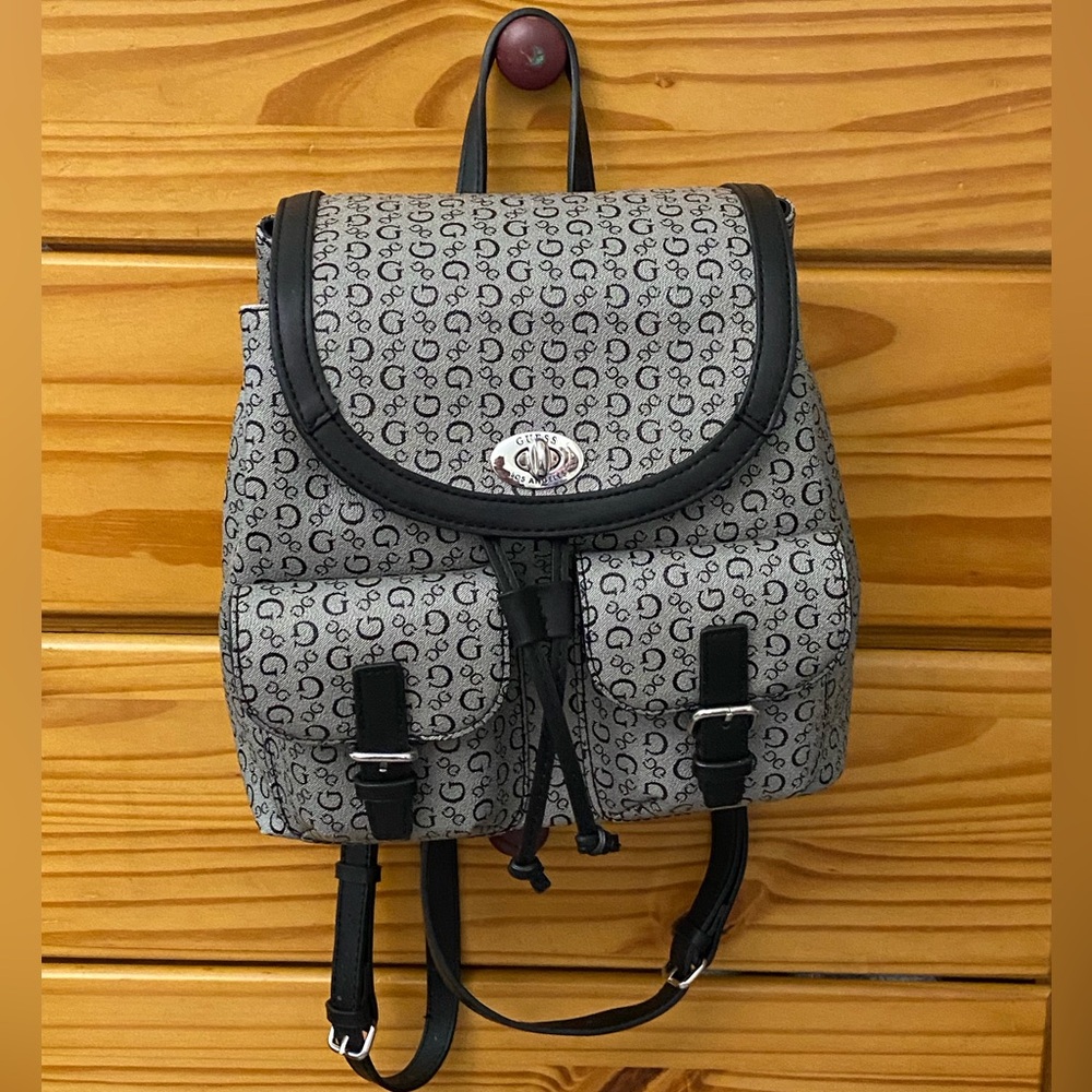 Guess Beautiful Gray and Black Signature Patterned Backpack Bag